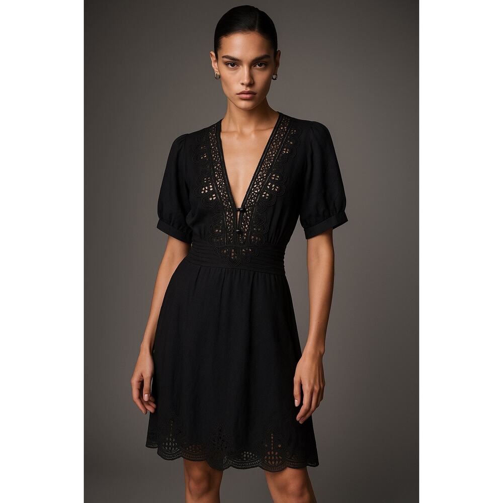 Thurley silk black sheath shirt dress lace trim short sleeve women’s size 10 - Picture 1 of 13